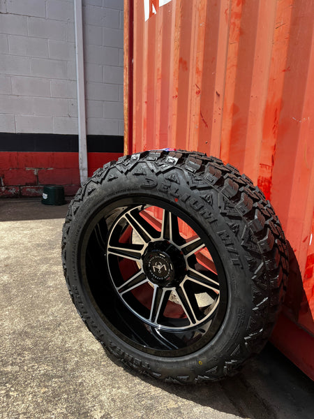 20x12 8x6.5 Motiv Balast Machine 428MB wheels and 33x12.50 Delium MT KU-253 tires